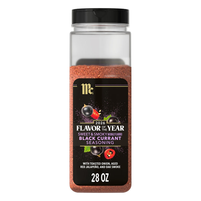 A bottle of McCormick 2026 Flavor of the Year Sweet &amp; Smoky Naturally Flavored Black Currant Seasoning is displayed.
