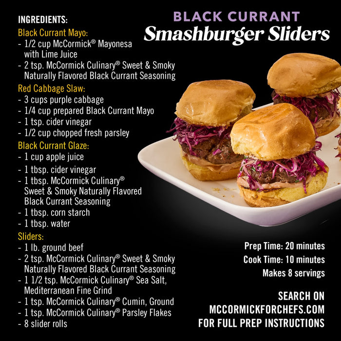 This image displays a recipe for Black Currant Smashburger Sliders, featuring McCormick Culinary Sweet &amp; Smoky Naturally Flavored Black Currant Seasoning.