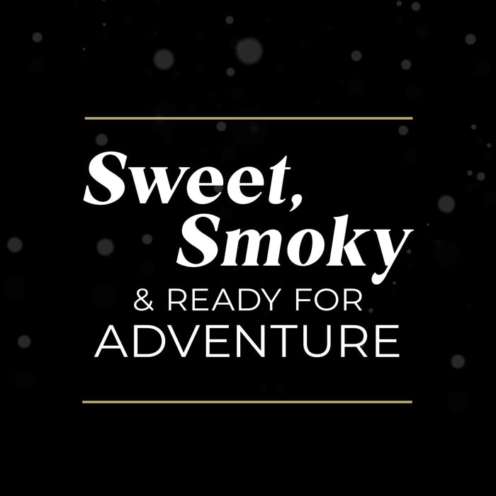 Sweet, Smoky &amp; Ready for Adventure text on a black background with gold lines.