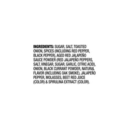 The image shows the ingredient list, which includes sugar, salt, toasted onion, spices, aged red jalapeño sauce powder, black currant powder, natural flavor, jalapeño pepper, molasses, beet red juice, and spirulina extract.