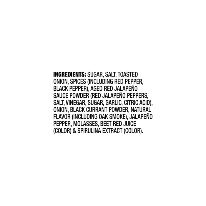 The image shows the ingredient list, which includes sugar, salt, toasted onion, spices, aged red jalapeño sauce powder, black currant powder, natural flavor, jalapeño pepper, molasses, beet red juice, and spirulina extract.