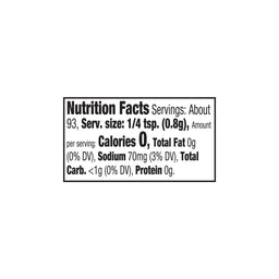 This is a nutrition facts label with a serving size of 1/4 tsp (0.8g), about 93 servings, 0 calories, 0g total fat, 70mg sodium (3% DV), less than 1g total carbohydrate (0% DV), and 0g protein.