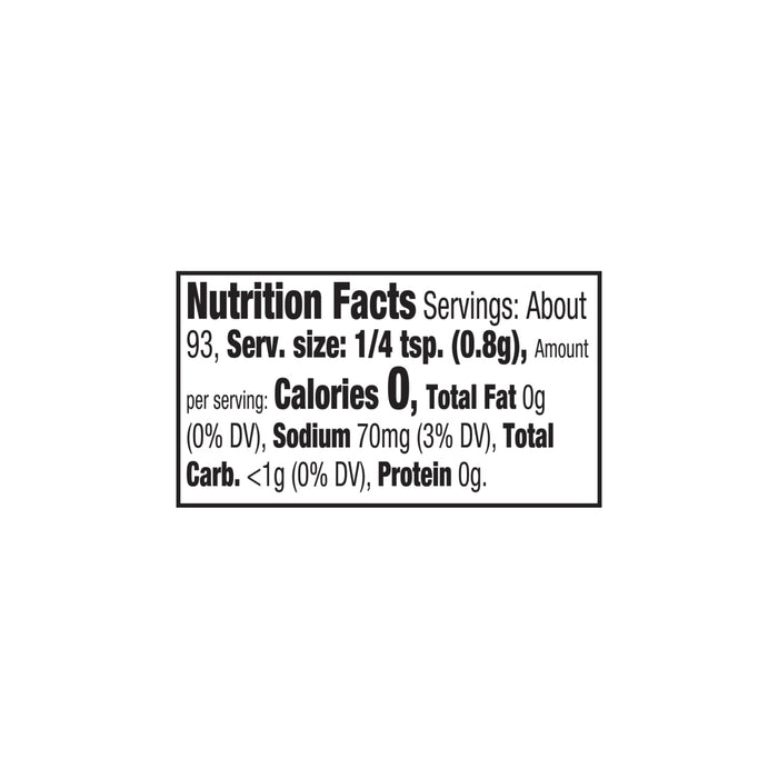 This is a nutrition facts label with a serving size of 1/4 tsp (0.8g), about 93 servings, 0 calories, 0g total fat, 70mg sodium (3% DV), less than 1g total carbohydrate (0% DV), and 0g protein.