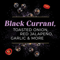 An artistic display features the text Black Currant, Toasted Onion, Red Jalapeño, Garlic &amp; More, surrounded by black currants and a slice of red jalapeño, likely for a McCormick product.