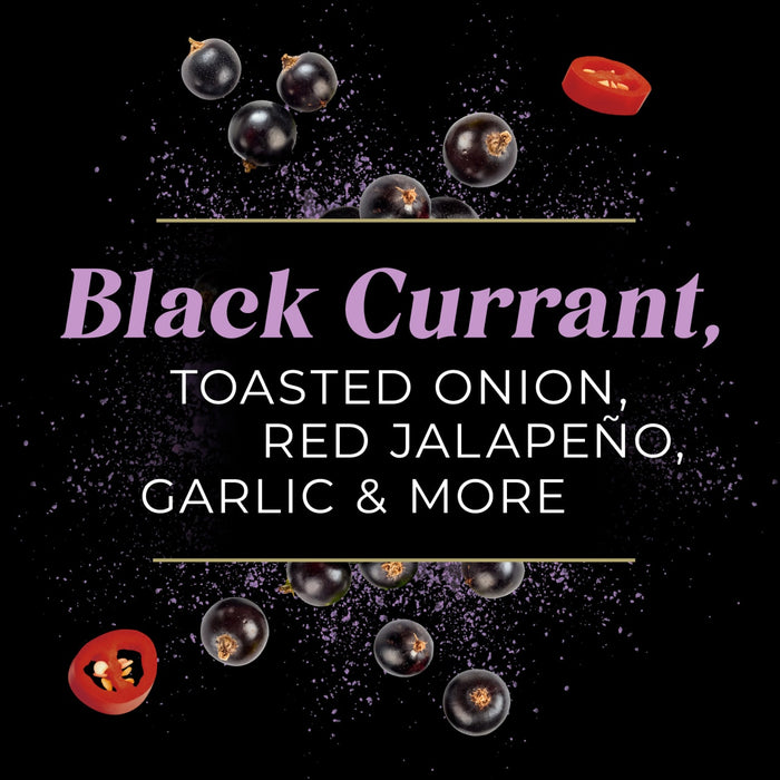An artistic display features the text Black Currant, Toasted Onion, Red Jalapeño, Garlic &amp; More, surrounded by black currants and a slice of red jalapeño, likely for a McCormick product.