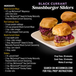 This image shows a recipe for Black Currant Smashburger Sliders, featuring McCormick Sweet &amp; Smoky Naturally Flavored Black Currant Seasoning.