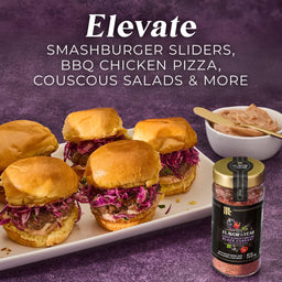 A jar of McCormick 2026 Flavor of the Year Sweet &amp; Smoky Naturally Flavored Black Currant Seasoning sits next to a plate of smashburger sliders.