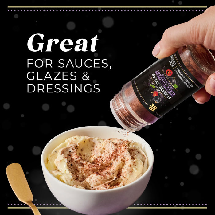 A hand sprinkles McCormick Flavor of the Year 2026 Sweet &amp; Smoky Black Currant Seasoning onto a bowl of cream.