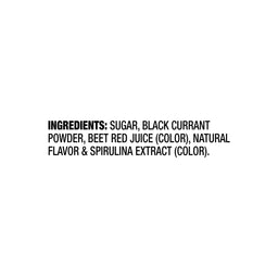 Ingredients list showing sugar, black currant powder, beet red juice (color), natural flavor, and spirulina extract (color).