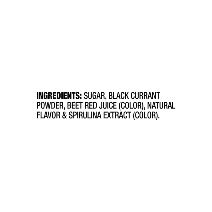 Ingredients list showing sugar, black currant powder, beet red juice (color), natural flavor, and spirulina extract (color).