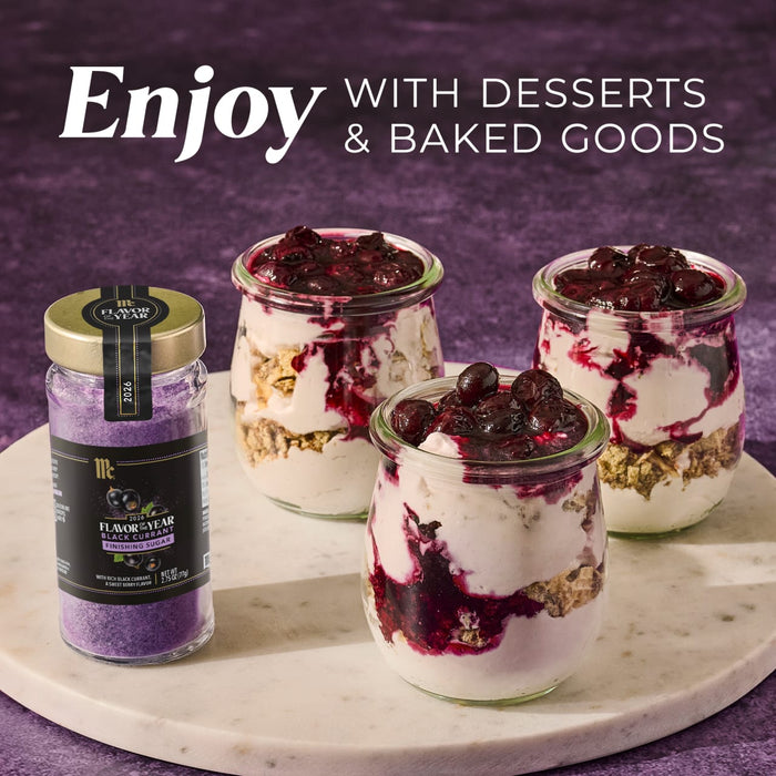 An advertisement for McCormick Flavor of the Year 2026 Black Currant Finishing Sugar, displayed with desserts.