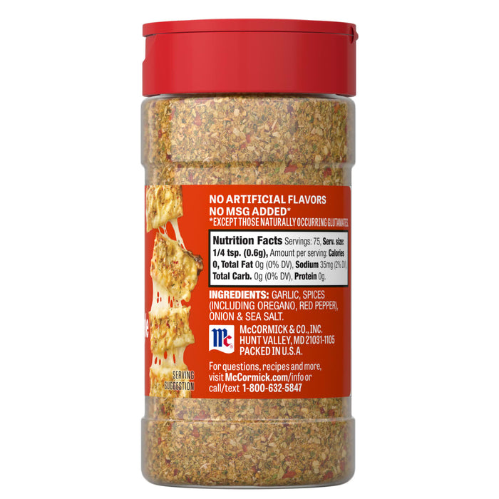 A container of McCormick Garlic Herb &amp; Sea Salt seasoning is shown, featuring a red lid and label with nutritional information and ingredients.