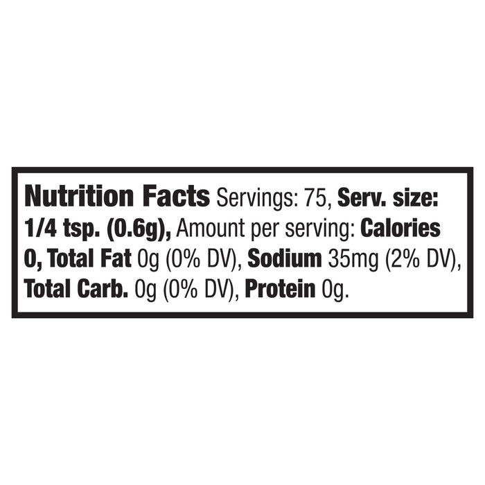 Nutrition facts label with a serving size of 1/4 tsp (0.6g), 75 servings, 0 calories, 0g total fat, 35mg sodium, 0g total carbohydrate, and 0g protein.