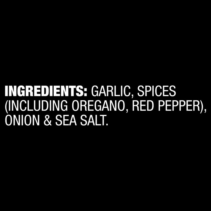 Ingredients list showing garlic, spices including oregano and red pepper, onion, and sea salt.