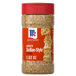 A clear bottle of Mccormick Spicy Sicilian Style Seasoning, 1.62 Oz, is shown against a white background, with a serving suggestion of cheesy bread on the label.