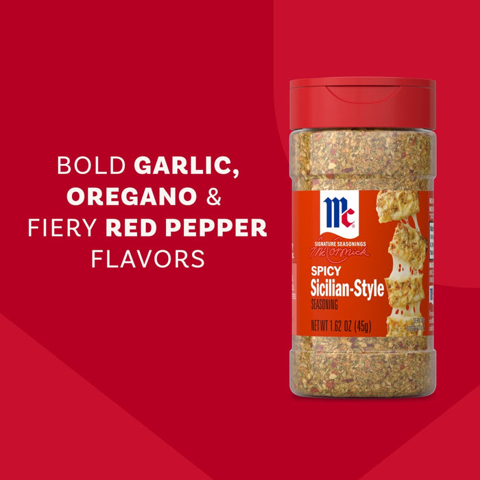 On a bold red background, a bottle of Mccormick Spicy Sicilian Style Seasoning, 1.62 Oz, is featured next to text highlighting its bold garlic, oregano, and fiery red pepper flavors.