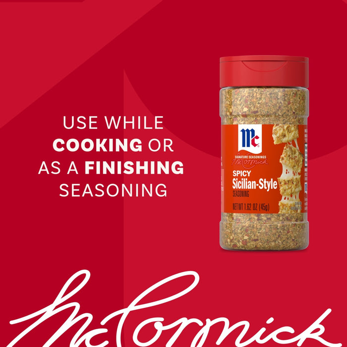 A bottle of Mccormick Spicy Sicilian Style Seasoning, 1.62 Oz, is displayed against a red background with text that reads, Use while cooking or as a finishing seasoning.
