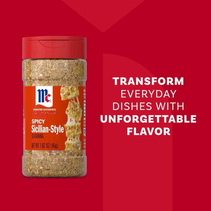 A bottle of Mccormick Spicy Sicilian Style Seasoning, 1.62 Oz, is shown against a red background with the text, Transform everyday dishes with unforgettable flavor.