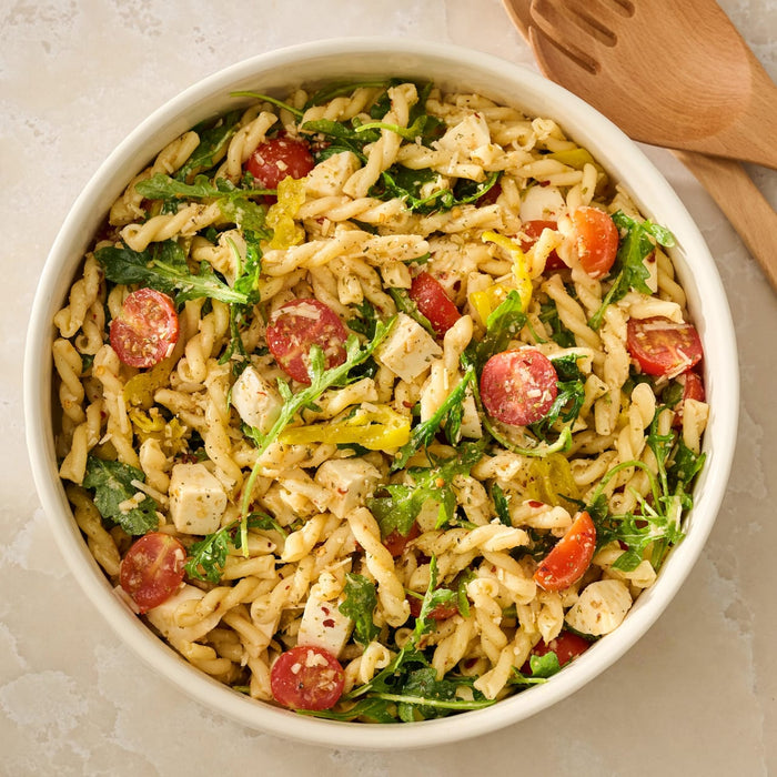 A large white bowl of pasta salad with tomatoes, mozzarella, and arugula, seasoned with Mccormick Spicy Sicilian Style Seasoning, 1.62 Oz, is shown from above with wooden salad servers nearby.