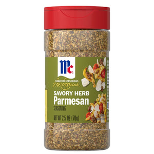 A container of McCormick Signature Seasonings Savory Herb Parmesan Seasoning is shown.