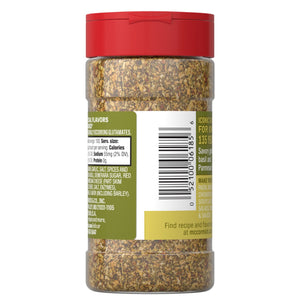A container of McCormick Savory Garlic Basil and Parmesan seasoning.
