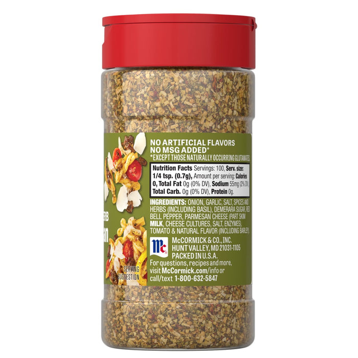 A container of McCormick Herb &amp; Parmesan Seasoning.