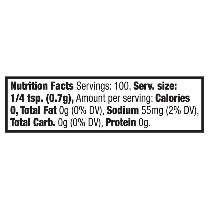 Nutrition facts label showing a serving size of 1/4 tsp (0.7g) with 0 calories, 0g total fat, 55mg sodium, 0g total carbohydrate, and 0g protein.