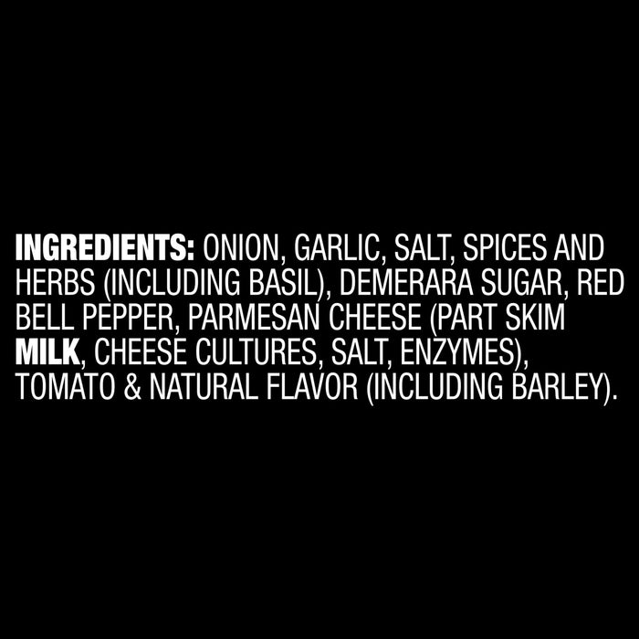 Ingredients list showing onion, garlic, salt, spices and herbs (including basil), demerara sugar, red bell pepper, parmesan cheese (part skim milk, cheese cultures, salt, enzymes), tomato &amp; natural flavor (including barley).