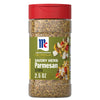 A clear bottle of Mccormick Savory Herb Parmesan Seasoning, 2.5 Oz, is shown with a red cap and a green label featuring a serving suggestion of pasta.