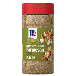 A clear bottle of Mccormick Savory Herb Parmesan Seasoning, 2.5 Oz, is shown with a red cap and a green label featuring a serving suggestion of pasta.