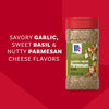 A bottle of Mccormick Savory Herb Parmesan Seasoning, 2.5 Oz, is shown against a red background with text on the left describing its savory garlic, sweet basil, and nutty parmesan cheese flavors.