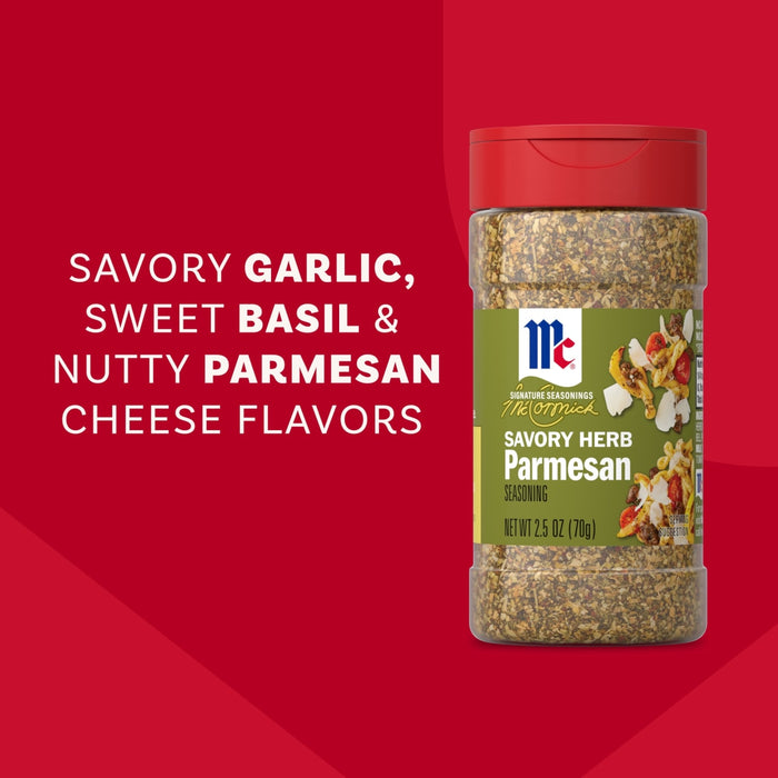 A bottle of Mccormick Savory Herb Parmesan Seasoning, 2.5 Oz, is shown against a red background with text on the left describing its savory garlic, sweet basil, and nutty parmesan cheese flavors.