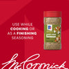 A bottle of Mccormick Savory Herb Parmesan Seasoning, 2.5 Oz, is displayed against a branded red background with text suggesting to use it while cooking or as a finishing seasoning.
