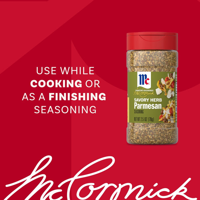 A bottle of Mccormick Savory Herb Parmesan Seasoning, 2.5 Oz, is displayed against a branded red background with text suggesting to use it while cooking or as a finishing seasoning.