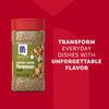 A bottle of Mccormick Savory Herb Parmesan Seasoning, 2.5 Oz is displayed against a red background with the text, Transform everyday dishes with unforgettable flavor.