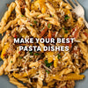 A close-up of a savory pasta dish with meat, peppers, and parmesan cheese inspires you to make your best pasta dishes with Mccormick Savory Herb Parmesan Seasoning, 2.5 Oz.