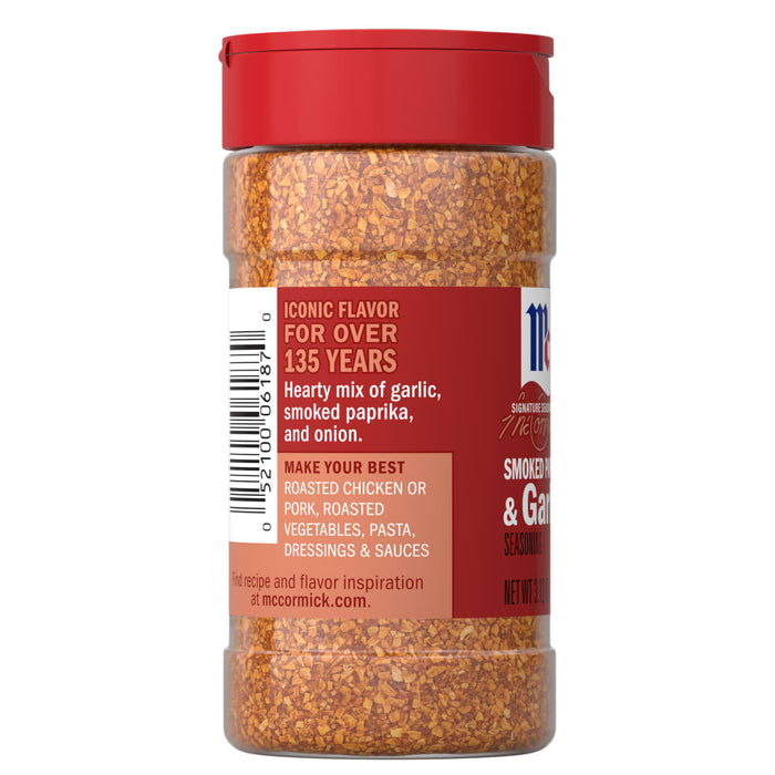 A container of McCormick Smoked Paprika &amp; Garlic Seasoning.