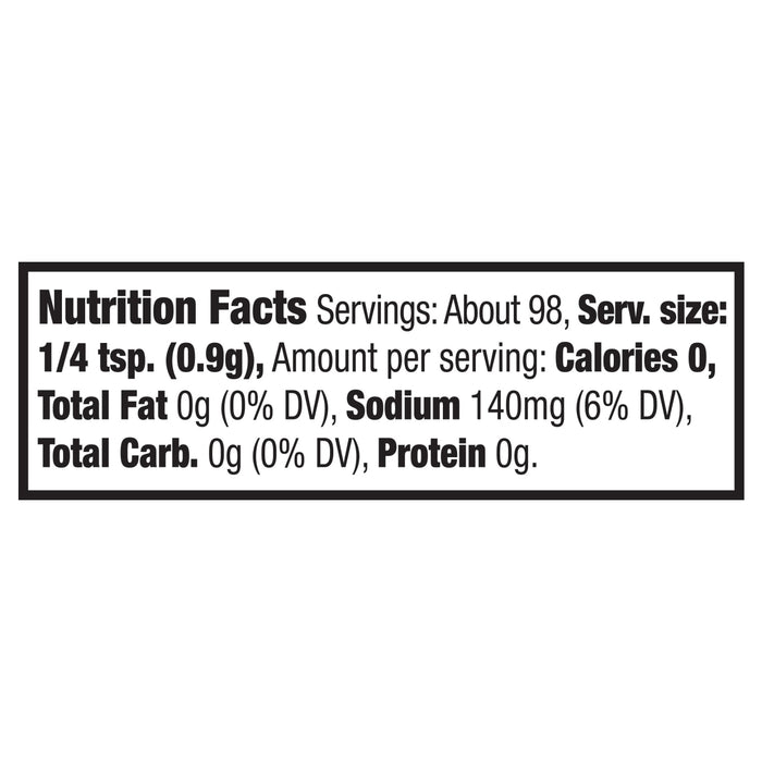 Nutrition facts label showing a serving size of 1/4 tsp (0.9g) contains 0 calories and 140mg of sodium.