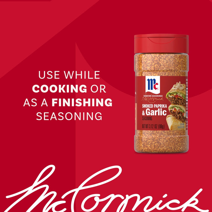 A bottle of Mccormick Smoked Paprika And Garlic Seasoning, 3.12 Oz, is featured in an advertisement on a red background with text suggesting to use it while cooking or as a finishing seasoning.