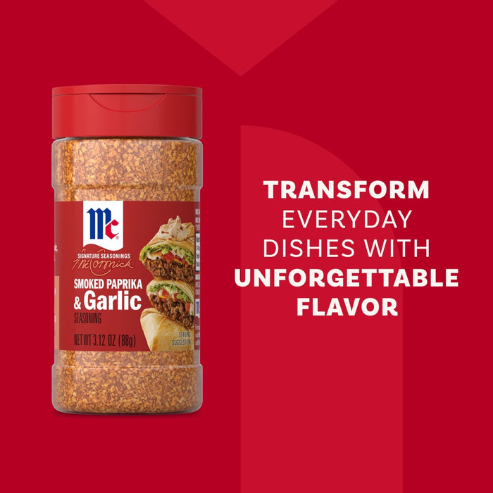 A bottle of Mccormick Smoked Paprika And Garlic Seasoning, 3.12 Oz, is featured in an advertisement against a red background with the text, Transform everyday dishes with unforgettable flavor.