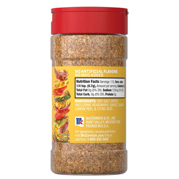 A jar of McCormick herb and garlic seasoning, labeled with nutrition facts and ingredients.