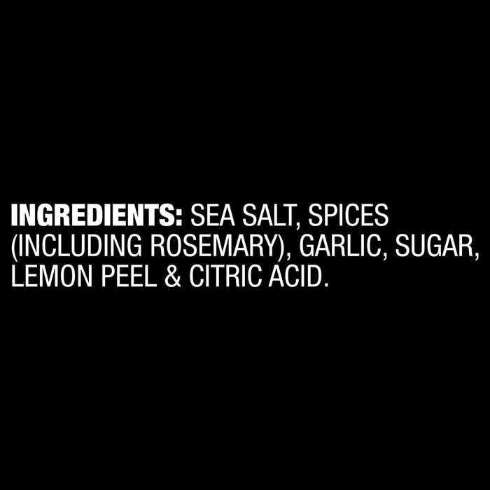 Ingredients list showing sea salt, spices including rosemary, garlic, sugar, lemon peel and citric acid.
