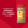 A bottle of Mccormick Rosemary Lemon Seasoning, 2.75 Oz is shown against a red background with text describing its herbaceous rosemary, bold garlic, and bright lemon flavors.