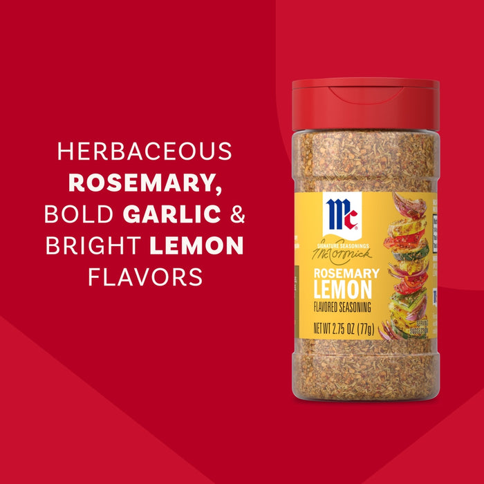 A bottle of Mccormick Rosemary Lemon Seasoning, 2.75 Oz is shown against a red background with text describing its herbaceous rosemary, bold garlic, and bright lemon flavors.