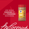 A bottle of Mccormick Rosemary Lemon Seasoning, 2.75 Oz, is shown against a red background with text suggesting to use it while cooking or as a finishing seasoning.