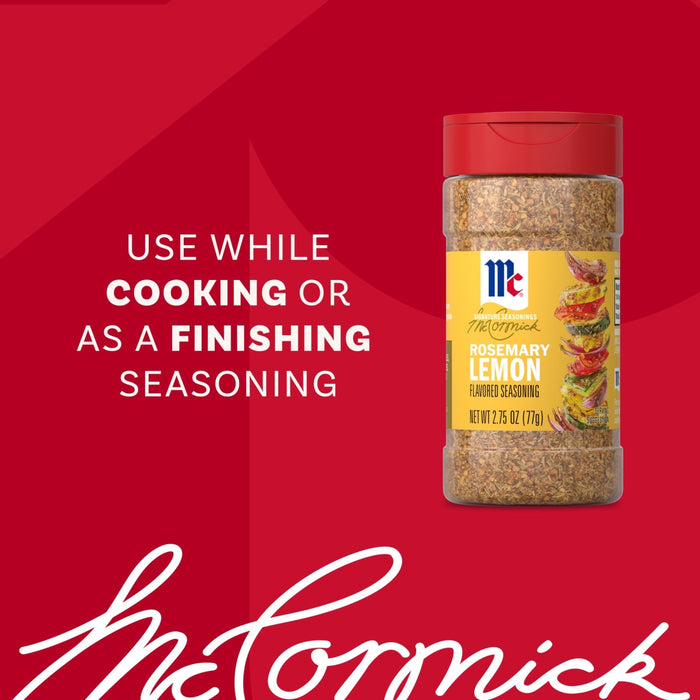 A bottle of Mccormick Rosemary Lemon Seasoning, 2.75 Oz, is shown against a red background with text suggesting to use it while cooking or as a finishing seasoning.