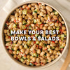 A vibrant bean salad in a bowl, a perfect dish to create using Mccormick Rosemary Lemon Seasoning, 2.75 Oz, is shown from above with the text, MAKE YOUR BEST BOWLS &amp; SALADS.