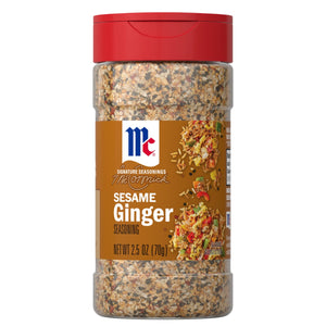 A container of McCormick Signature Seasonings Sesame Ginger Seasoning.