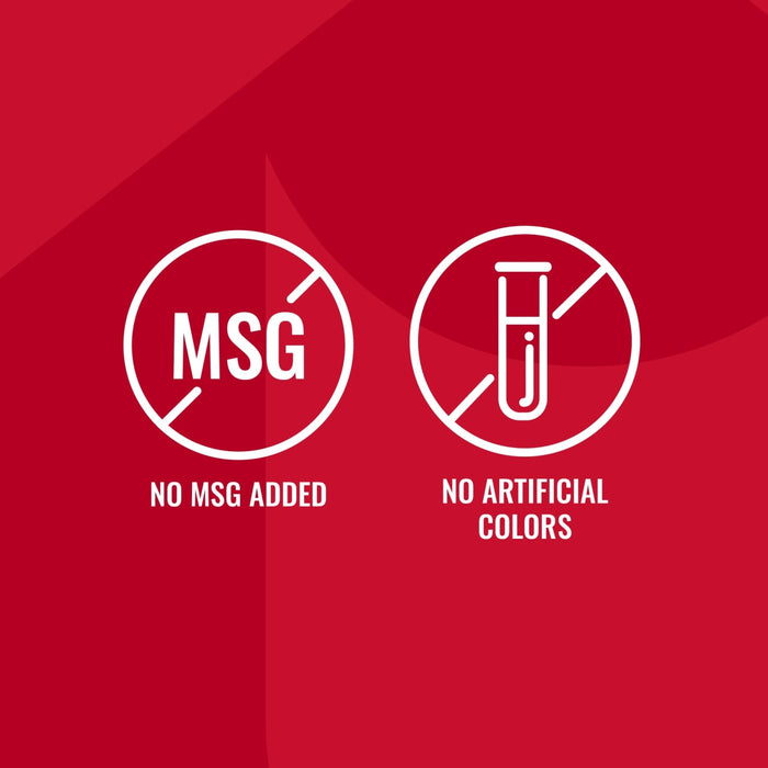 An illustration highlights the qualities of Mccormick Sesame Ginger Seasoning, 2.5 Oz, with icons indicating no MSG added and no artificial colors.