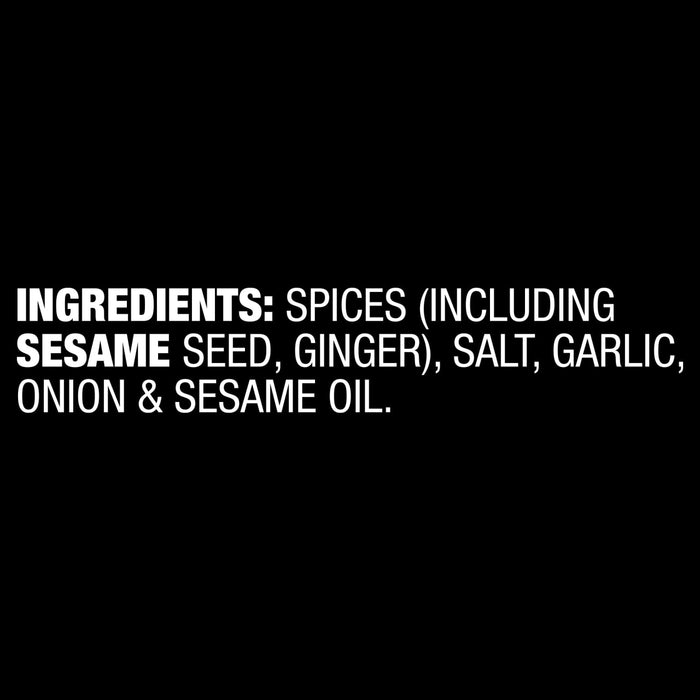 The ingredients list includes spices, sesame seed, ginger, salt, garlic, onion, and sesame oil.